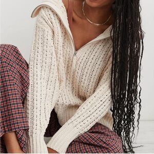 Aerie Cream Cable Car Quarter Zip Sweater